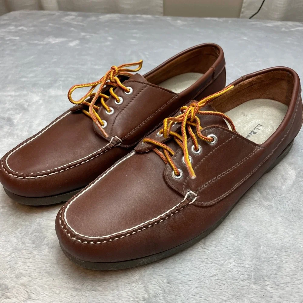 LL Bean Mens Blucher Moccasin Boat Shoes Sz 14 Brown Leather Hand Sewn 137102